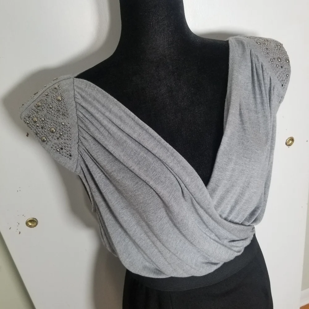 Allen B Military Inspired 2 Tone Mini Dress, Capped Studded Sleeves Black Gray M - Picture 3 of 9